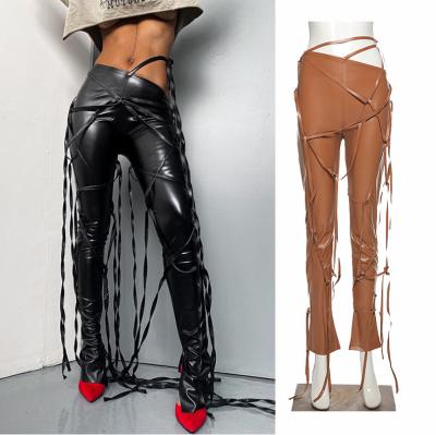 China 2020 Autumn Personality Windproof Casual Rope PU Oblique Waist Streamer High Waist Leather Stacked Pants For Women for sale