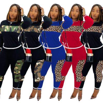 China 2021 autumn breathable clothes leopard women clothing set latest patchwork two piece set 2 piece tracksuit women design for sale