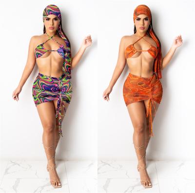 China 2021 Summer Breathable Ladies 4 Piece Bikini Set With Bandeau Printing Mesh Wrap Skirt Cover Up Swimsuit for sale