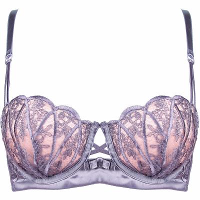 China Viable Embroidered Lace Lingerie Shell Half Cup Bra Push Up Gathered Underwire Bra for sale