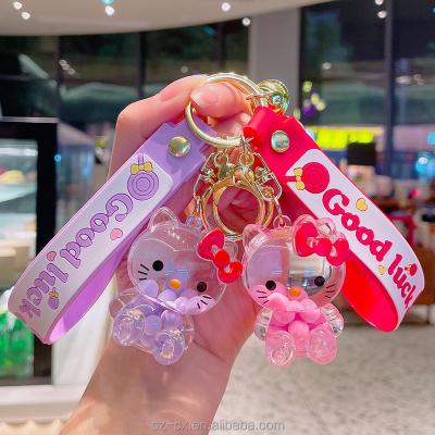 China Pandent Cartoon 3d Cartoon Keychain Lanyard Bag Self Defense Moving Key Chain Hello Kitty Acrylic Key Chain and Cute Hello Liquid Kitty Gift for sale