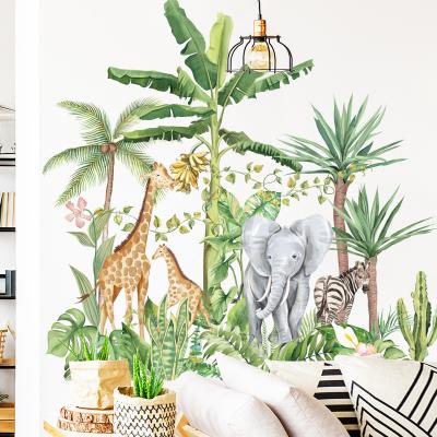 China Waterproof+ECO-Friendly+Self-adhesive Removable Cartoon Tropical Rainforest Wall Stickers Giraffe Elephant Living Room Bedside Background Bedroom Decals for sale