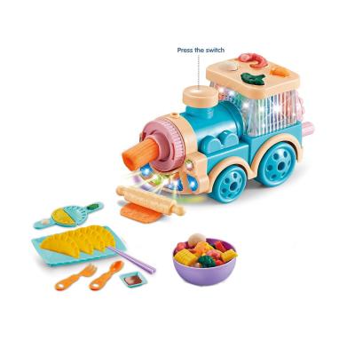 China colorful 3D mud toys set kids train noodle machine modeling electric playdough with music clay-5color soil 38*9.5*21cm for sale