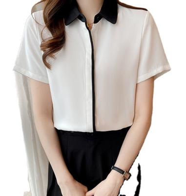 China 2022 Summer New Version Chiffon Loose Korean Black And White Tops Chiffon Professional Formal Women's OL Shirt Anti-pilling Shirts Contrast Loose for sale