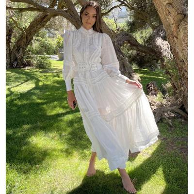 China 2022 HIGH STREET New Fashion Designer Breathable Elegant Lantern Long Sleeve Ruffles Belted Overflowing Buttons Mid Calf Dress for sale