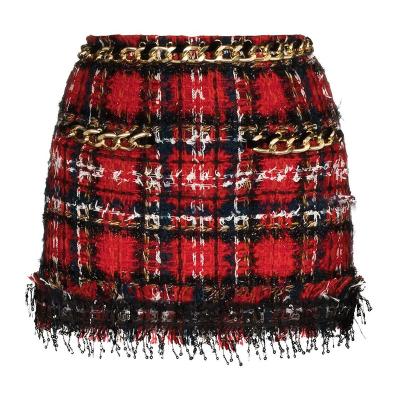 China Newest Designer Skirt Women Breathable Chain Mini Skirt 2022 IN-STOCK Tassel Plaid Sequined Fringed Tweed Tweed for sale