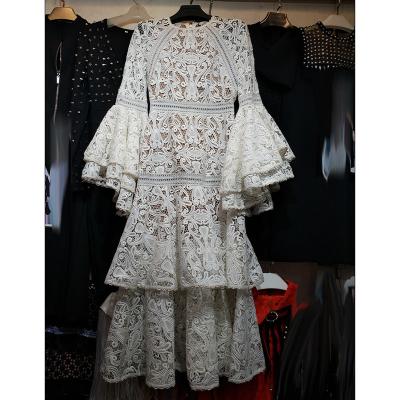 China 2022 New Fashion Runway Dress Women HIGH QUALITY Designer Breathable Flare Sleeve Waterfall Ruffles Lace Up Dress for sale