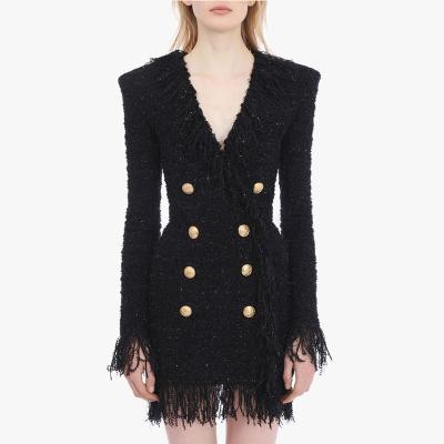 China 2022 FACTORY WHOLESALE Lion Buttons Fringed Tassel Tweed Cross Dress Elegant Designer Dress Women Breathable V-Neckline for sale