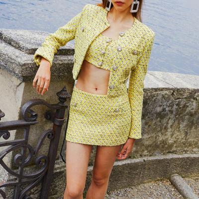 China 2022 Newest Fashion Runway Breathable HIGH QUALITY Suit Set Sequined Women's Long Sleeve Diamond Buttons 3pcs Jacket Camis Skirt Suit Set for sale