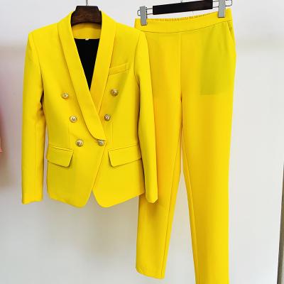 China 2022 IN-STOCK Newest Designer Breathable Fashion Women Suit Set Lion Buttons Shawl Collar Blazer Double Breasted Pants Suit for sale