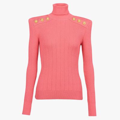 China Newest 2022 Designer HIGH STREET Tops Women Spring Turtle Neck Breathable Lion Buttons Knitted Pullover Sweater for sale