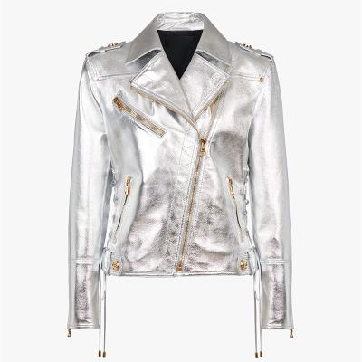 China 2022 Newest High Street Designer Fashion Women Breathable Lace Up Metallic Silver Synthetic Leather Motorcycle Biker Jacket for sale