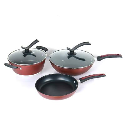 China Sustainable Wholesale Round Cast Iron Cookware Set 3Pcs Nonstick Kitchen Cooking Pot Set Cookware Sets for sale