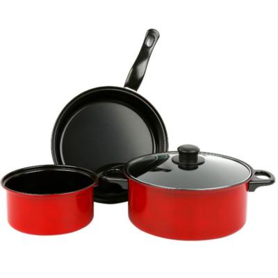 China Durable cast iron thickened red three-piece non-stick saucepan soup pot wok pan cookware set for sale