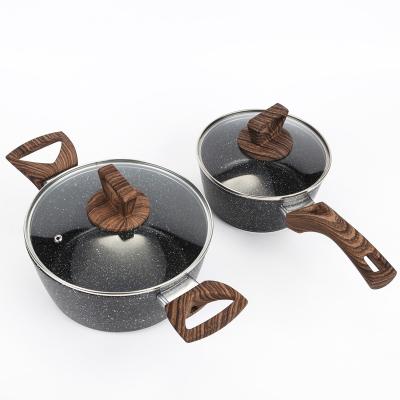 China Medical Stone Milk Pan Cookware Set of Two Pcs Thickened and Non-sticky Bottom Wood Grain Household Sustainable Soup Pot for sale