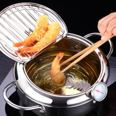 China New Minimalist Japanese Deep Fryer Cooking Pot With A Thermometer Lid 304 Stainless Steel Kitchen Tempura Deep Fryer Pan for sale