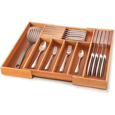 China Handmade Custom Bamboo Drawer Organizer Expanding Silverware Cutlery Tray with 2 Removable Knife Blocks for sale