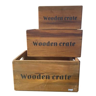 China Vintage Style Customized Rustic Brown Wooden Nested Wooden Storage Crates Vegetables Fruit Crate Set Of 3 for sale