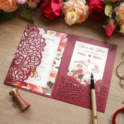 China Europe Customized Luxury Wedding Invitations Cards Kits Laser Cut Rose Pocket Wedding Invitations Hollow Out With Envelopes for sale