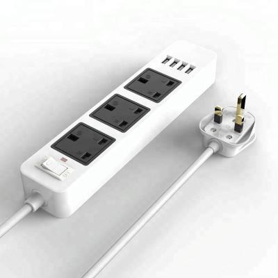 China Commercial 6.5ft 2M Extension Cord 10AC 3-Outlet Surge Protector Power Strip with 4 USB Port Smart Charging UK Plug 110-250V for sale