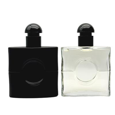 China Cosmetic Unique Perfume Bottle 30ml 50ml Luxury Custom New Design Flat Square Glass Perfume Bottle With Plastic Cap for sale