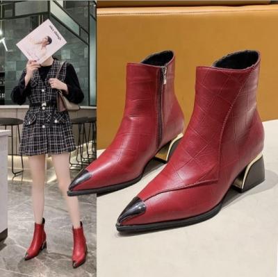 China Height Increasing 2020 New Winter Women's Medium Heel Boots Velvet Ankle Boots Leather Pointed Metal Square Heel for sale