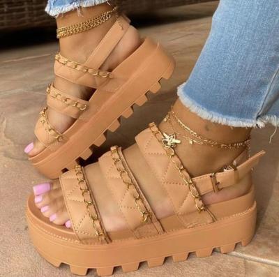 China New Quick-drying fashion high heel sandals with chain tan khaki high heel platform shoes for ladies women sandals for sale