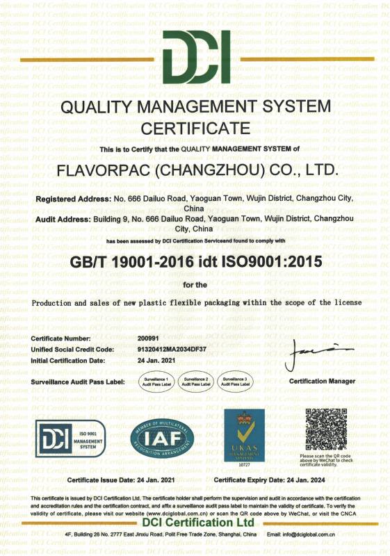 ISO9001:2015 - Flavorpac (Changzhou) Co., Ltd.