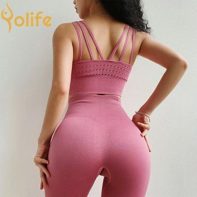 China Yolife Breathable Women Seamless Fitness Yoga Bra Padded Push Up Running Back Shockproof Cross Sports Strappy Bra for sale