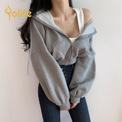 China 2021 Main 2021 Breathable Short Solid Female Fashion Korean Harajuku Hoodies Women Sweatshirt Tracksuit Long Sleeve Crop Top for sale