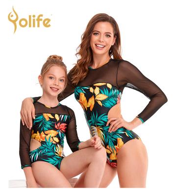 China 2021 Women's Swimsuit Breathable Sports Bathing Girl Mesh Long Sleeve Parent-Child One-piece Set Cow Print High Waist Bikini Beach Swimwear for sale