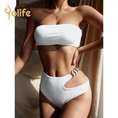 China 2021 Breathable Chain Sexy Ribbed Bikini Women Bandeau Waist Bikini Top Set Swimwear Female Lift Up Swimsuit Bather Biquini for sale