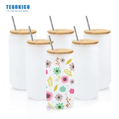 China Sublimation Blanks 12oz 16oz Heat Transfer Mug Luxury Clear Frosted Glass Beer Can With Lid Stainless Steel Bamboo Straw for sale