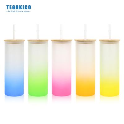 China Safe Food Grade Amazon Wholesale 18oz Frosted Gradient Printing Skinny Glass Tumbler With Bamboo Lid Straw Sublimation Tumbler for sale