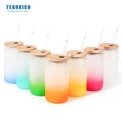 China Eco Friendly We Warehouse 16oz Frosted Gradient Color Beer Juice Soda Shaped Sublimation Glass Canister With Bamboo Lid And Plastic Straws for sale