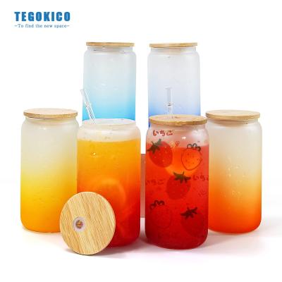 China Eco Friendly USA Warehouse Sublimation Glass Can 16oz Blank Sublimation Ombre Color Beer Glass Straight Gradient Frosted Box With Bamboo Lid for sale