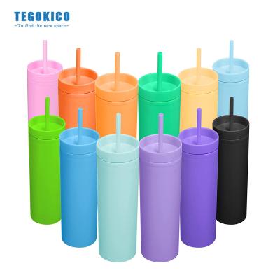 China Gift Pastel Reusable Wall Sustainable Gift 16oz Double Colored Matte Plastic Tumbler With Acrylic Skinny Lids And Straw for sale