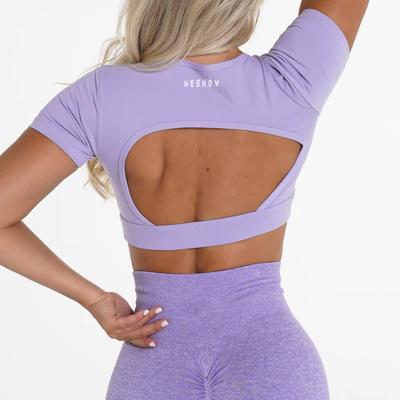 China Anti Wrinkle Wholesale Women Short Sleeve Yoga Tops Custom Logo Gym Wear Crop T-Shirt With Removable Pads Women Workout Sports Use T Shirt for sale