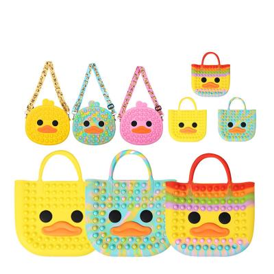 China Fashionable Cute Duck Shaped Silicone Push Bubble Messenger Eco-friendly Decompression Shoulder Handbags For Kids Girls for sale