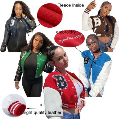 China New Fashion Crop Long Sleeve Fleece Women Baseball Row Jacket Breathable Single Sleeve Leather Top Uniform Snap Short Jacket for sale