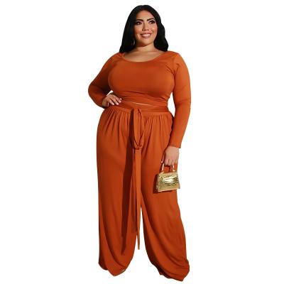 China Breathable Breathable Plus Size 2 Piece Sets Long Sleeves Wide Leg Pants Looses Women Ribbed Casual Clothing Set Lounge Solid Colors for sale