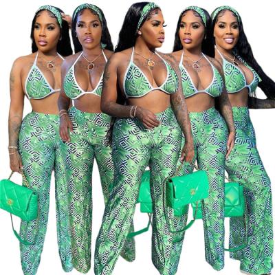 China Women Breathable Breathable Summer 3 Piece Set Floral Sexy High Waist Loose Crop Top Wide Leg Pants Sets (Include Headscarf) for sale