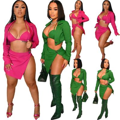 China Fashion Women Solid Color Breathable Clothing 3 Piece Bikini Suit Long Sleeve Bra And Sleeve Coat Skirts Set Short Mini Skirt Set for sale