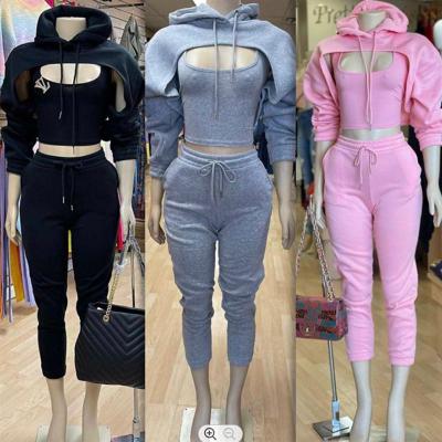 China New Breathable Fleece Sweatshirt Breathable Warm Sweatpants Sets Custom Logo 3 Piece Set Sportswear Women Crop Top Hoodie Vest And Joggers Suit for sale