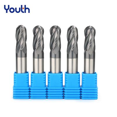 China Burning & YOUTH Milling Factory Price HRC45 4 Flutes Solid Carbide Ball Nose End Mill Fresas for sale