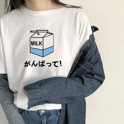 China Cartoon Anti Shrink Print Milk T-shirt Short Sleeve Tops Loose Casual Tees Women's Clothing for sale