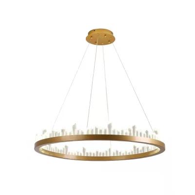 China Simple Mid Century Decoration Circle Rings Acrylic Gold Hanging Indoor Lamps Hanging Circular Luxury Gold Crystal Chandeliers Pendant Light for sale