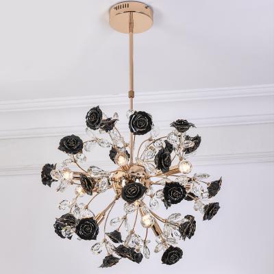 China Hotel Decoration Rose Flower Iron Golden Hanging Lamp Traditional Ceramic 6 Light Luxury Chandelier Wedding Home Decor for sale