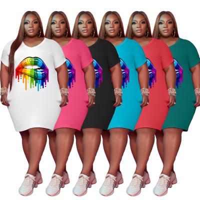 China 2021 new African 2xl 3xl 4xl 5xl fashion round neck anti-static print plus size women clothing lips dress romper for sale