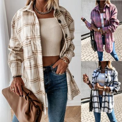 China 2021 Anti-wrinkle Ins style sleeve ladies shirt blouse jacket women autumn long retro winter warm loose casual plaid coat for sale